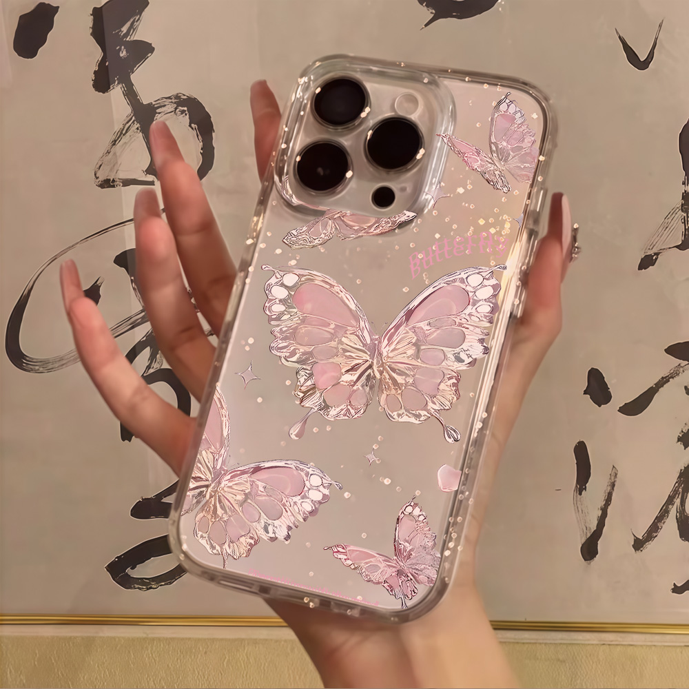 Clear Shockproof Bumper Case - Casing Ponsel Glitter Transparan Kupu-Kupu Merah